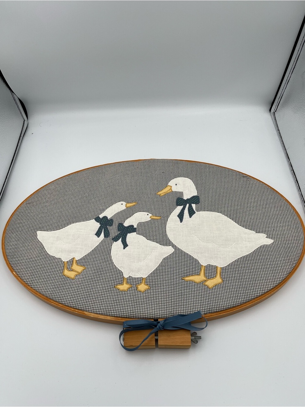 Vintage Goose Embroidery Hoop Gingham Fabric Wall Art Cottage Core Farmhouse